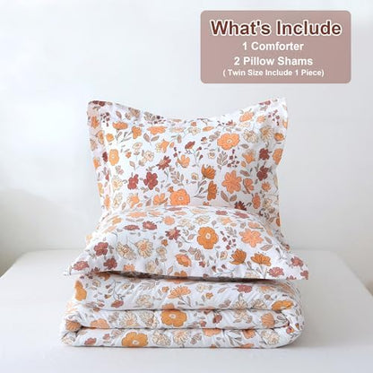 Mooreeke Floral Queen Size Comforter Sets, Orange and Red Vintage Floral Patterned Bedding for All Seasons, 3-Piece Vintage Bed in a Bag with Fluffy Quilted Reversible Comforter & 2 Pillow Shams