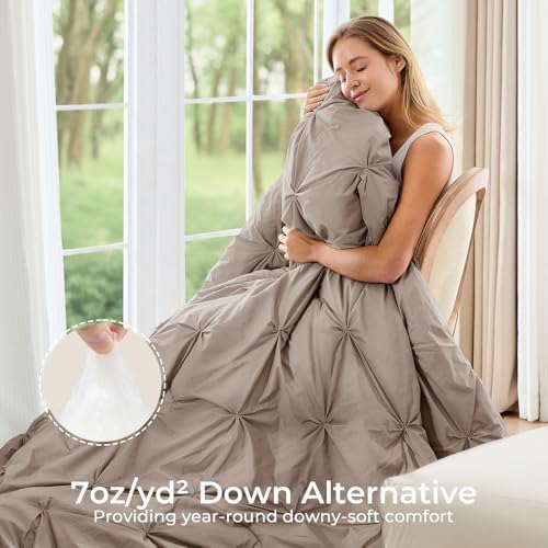 Sasttie Oversized King Comforter Set, 7-Piece Bed in a Bag, Pintuck Bedding Sets for All Season, Includes Comforter, Flat Sheet, Fitted Sheet, Pillowcases and Pillowshams, Dark Linen