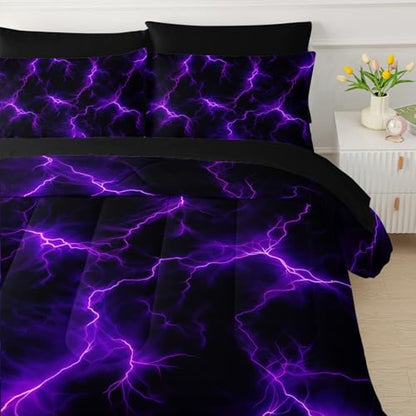 QOOMO Purple Lightning 7 Pieces Comforter Set Full,Neon Bedding Set