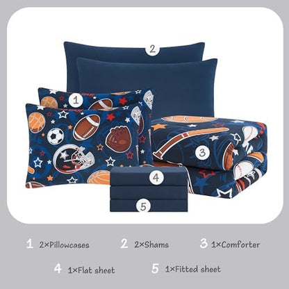 Boys Full Size Bedding Set - 7 Pieces Sports Bedding Full Comforter Sets