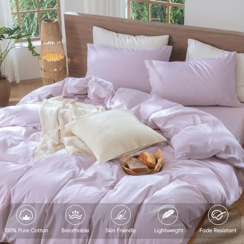 MooMee Striped Duvet Cover Set 100% Washed Cotton Linen Like King