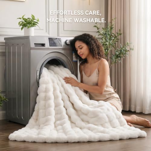 Smoofy Fluffy Faux Rabbit Fur Bubble Comforter California King -Cream White