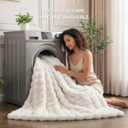 Smoofy Fluffy Faux Rabbit Fur Bubble Comforter California King -Cream White