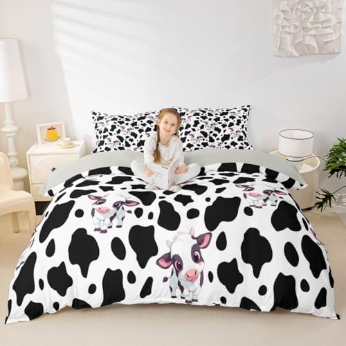 Kids Girls Cartoon Duvet Cover Set King Cow Print Cartoon Children Bedding Set Stripe Decor Modern Soft Reversible Comforter Cover Set For Teen Boys 3 Pcs Cartoon Animal Decor Children Bedding Set