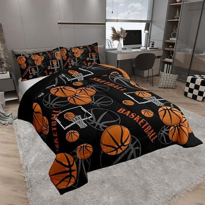 Castle Fairy Cartoon Basketball Print Full Size Comforter Set,Ball Gaming Bedding Set for Adults Teens,Children Sports Comforter Luxury Black White Quilt Set Room Decor 3Pcs