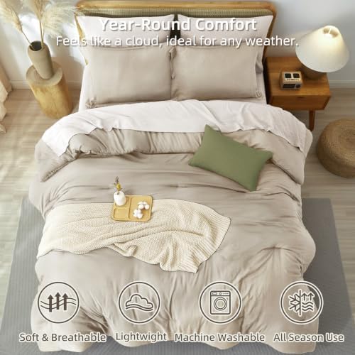 Prewashed Full Size Comforter Set 7 Pieces, Beige Bed Set