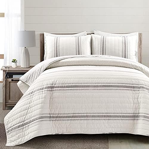 Lush Decor Farmhouse Stripe Reversible Cotton Quilt Queen Size 3 Piece Set Full/Queen Gray - Farmhouse Bedding Set Queen Quilt - Striped Bedding