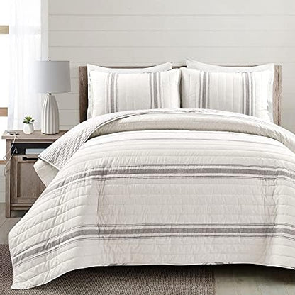 Lush Decor Farmhouse Stripe Reversible Cotton Quilt Queen Size 3 Piece Set Full/Queen Gray - Farmhouse Bedding Set Queen Quilt - Striped Bedding