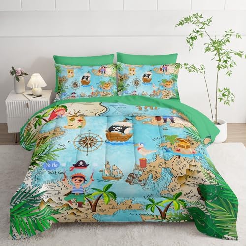 7Pcs Comforter Set Pirate Ship Printed Bedding Set with 1 Comforter, 1 Flat Sheet, 1 Fitted Sheet and 4 Pillowcases for Boys and Girls Bedroom All Season(Pirate Ship Full)