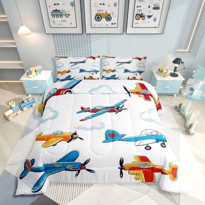 Erosebridal Colorful Aircraft Comforter Set Full, Cartoon Propeller Plane Airplane Bedding Set, Aviation Theme Comforter for Boys Kids Girls Teens Adults Child Bedroom, White Cloud Quilt