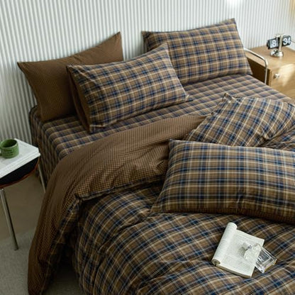 LifeTB Vintage Plaid Duvet Cover Set Twin, 100% Washed Cotton Brown Blue Grid Duvet Cover, Retro Plaid Checkered Comforter Cover with 2 Pillowcases, Breathable Farmhouse Gingham Bedding Set