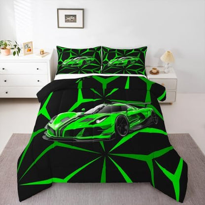 Castle Fairy Extreme Sport Theme Green Racing Car Comforter Set Twin Size,Abstract Geometric Lines Bedding Set,Kids Boys Adults Bedroom Decor,Race Car Super Soft Duvet Insert,1 Pillowcase