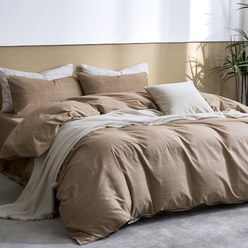 JELLYMONI 100% Cotton Plaid Full Duvet Cover Set, Tan