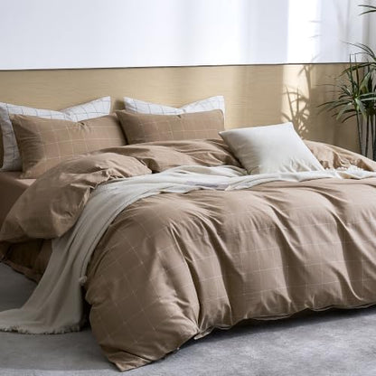 JELLYMONI 100% Cotton Plaid Full Duvet Cover Set, Tan