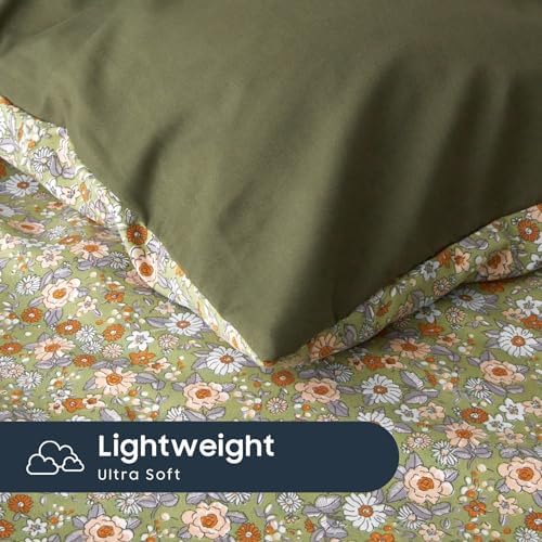 Wake In Cloud - Floral Comforter Set with Sheets, Cute Vintage Flower Cottagecore Aesthetic for Women Teen Girls, 7 Pieces Bed in a Bag, Olive Green, Queen Size