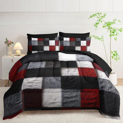 7 Piece Black White Red Checkered King Size Comforter Set with Sheets，King Size Quilt Bedding Set Checkered，(1 Comforter, 1 Flat Sheet, 1 Fitted Sheet, 2 Pillowcase and 2 Pillow Sham)