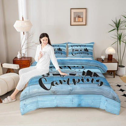 Camping Comforter Set King Size,Wooden Plank Pine Trees Rustic Farmhouse Bedding Set 3pcs for Kids Boys Girls Adults,RV Trailer Camper Decor Down Comforter,Blue Retro Duvet Insert,2 Pillowcases