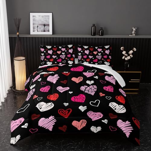 Nttopship Love Comforter Sets King Size，Love Valentines Day Romantic Soft Bedding Set Pink Watercolor Kawaii Bedding Cartoon Heart Bedroom Decor Comforter with 2 Pillowcases