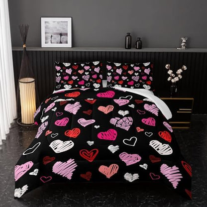 Nttopship Love Comforter Sets King Size，Love Valentines Day Romantic Soft Bedding Set Pink Watercolor Kawaii Bedding Cartoon Heart Bedroom Decor Comforter with 2 Pillowcases