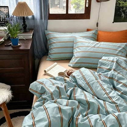mixinni Retro Mint Blue Striped Duvet Cover Set - 100% Natural Cotton 3-Piece Vintage Stripes Pattern Printed Bedding Set, Soft Breathable Comforter Cover with Zipper & Ties, Twin XL Size