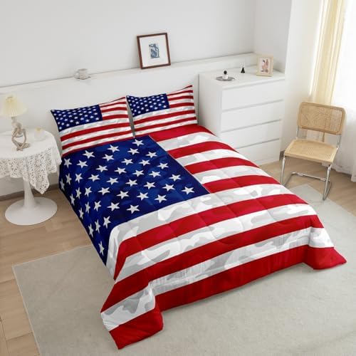 Feelyou American Flag Bedding Set Camouflage USA Flag Comforter Set Army Camo Flag Comforter Blue Red and White Stars Down Alternative Comforter for All Season Room Decor Queen Size