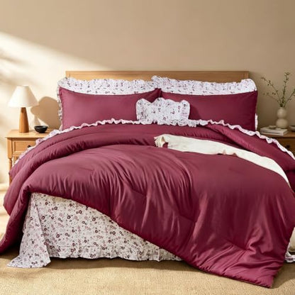 WONGS BEDDING 8PC Queen Comforter Set, Ruffle Comforter with Floral Sheets