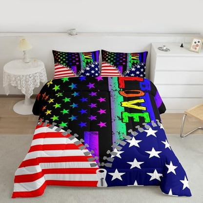 Erosebridal American Flag Bedding Set Rainbow Pride Comforter Set Full Size for Teens Adult Women Bedroom, USA Federations Stars Stripes Down Comforter Kids Unique Zipper Design Bedding