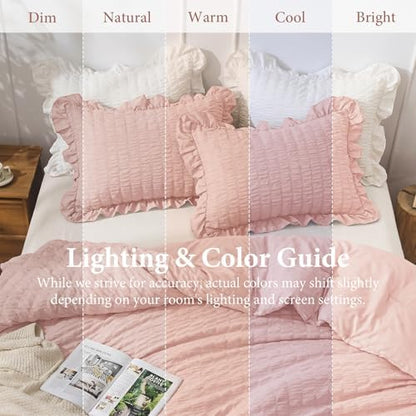 JOLLYVOGUE King Size Comforter Set, 3 Pieces Rose Gold Seersucker Comforters King Size, Lightweight & Fluffy Bedding Sets King for All Season with 1 Ruffle Comforter and 2 Ruffle Pillowshams