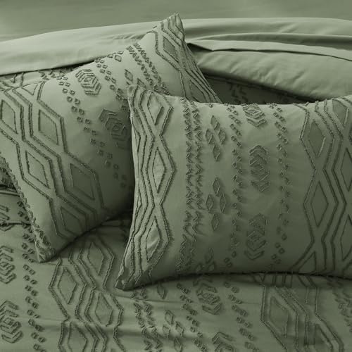 King Size Comforter Set Olive Green Tufted Boho Bedding Farmhouse 7 Pieces