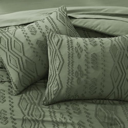 King Size Comforter Set Olive Green Tufted Boho Bedding Farmhouse 7 Pieces