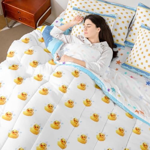 Erosebridal Cartoon Yellow Ducks King Bed in A Bag 7 Piece Kawaii Bubble Rubber Ducks Comforter Set with Sheets Lovely Farmhouse Animal Bedding Sets for Kids Adults,Cute Pet Animal Bed Set