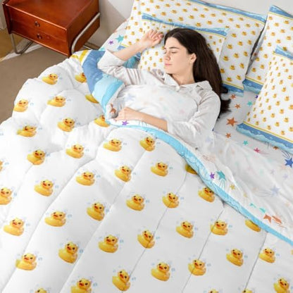 Erosebridal Cartoon Yellow Ducks King Bed in A Bag 7 Piece Kawaii Bubble Rubber Ducks Comforter Set with Sheets Lovely Farmhouse Animal Bedding Sets for Kids Adults,Cute Pet Animal Bed Set