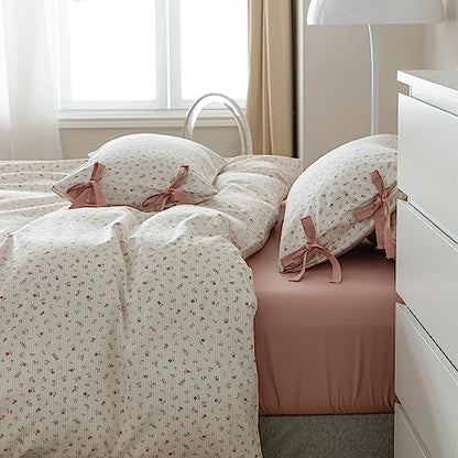 mixinni Soft Aesthetic Floral Print White Duvet Cover Pink Rose Pattern Girls Striped Bedding 1 Duvet Cover 2 Bow Tie Pillowcases Twin Size 100% Cotton with Zipper Ties for Teenage Girls