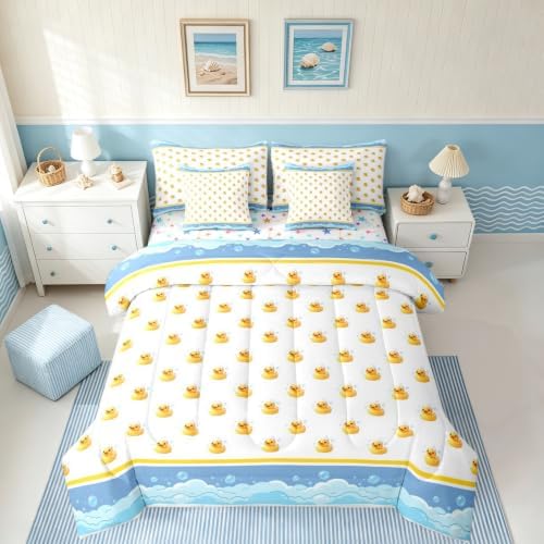 Erosebridal Cartoon Yellow Ducks King Bed in A Bag 7 Piece Kawaii Bubble Rubber Ducks Comforter Set with Sheets Lovely Farmhouse Animal Bedding Sets for Kids Adults,Cute Pet Animal Bed Set