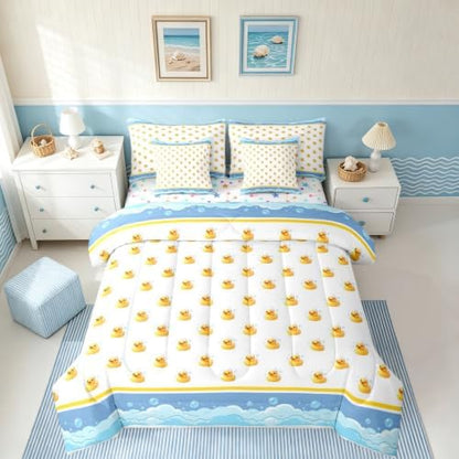Erosebridal Cartoon Yellow Ducks King Bed in A Bag 7 Piece Kawaii Bubble Rubber Ducks Comforter Set with Sheets Lovely Farmhouse Animal Bedding Sets for Kids Adults,Cute Pet Animal Bed Set