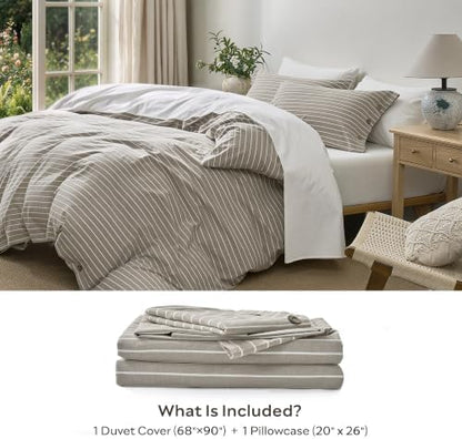 JELLYMONI 100% Washed Cotton Beige Striped Duvet Cover Set Twin