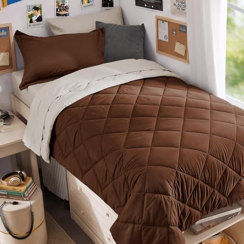 MUXHOMO 5 Pieces Twin XL Comforter Set, Reversible Bed in a Bag Twin XL Size, All Season Bedding Set with Comforter, Flat Sheet, Fitted Sheet, Pillowcases & Shams, Brown & Khaki