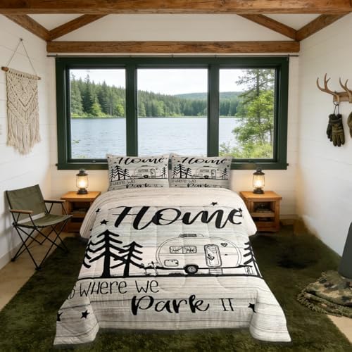 Castle Fairy Kids RV Happy Camping Bedding Comforters King Size,Home is Where We Park It Comforter Set Adult Women Room Decor, Farmhouse Lovers Soft Duvet with 2 Pillowcases,3Pcs King 104''x90''