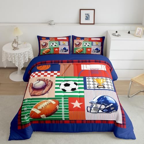 Football Basketball Baseball Comforter Set Toddler Size Sports Ball Bedding Set Kids Boys Teens Geometric Patchwork Grid All Season Quilt Set Rugby Helmet Bedding Comforter Sets with 1 Pillowcase