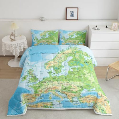 Erosebridal World Map Comforter Set Full Size, Blue Ocean Bedding Set for Kids Boys Girls, Map of Various Countries Quilted Duvet Abstract Art Bedding Comforters Breathable Bedroom Decor