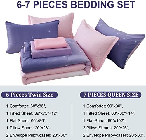Girls Comforter Set Twin XL/Full Size Colorful Ombre Pink Purple Rainbow Bedding Set Bed in A Bag for Kid Teen Girls 7 PC (1 Comforter, 1 Flat Sheet, 1 Fitted Sheet, 2 Pillow shams, 2 Pillowcases)