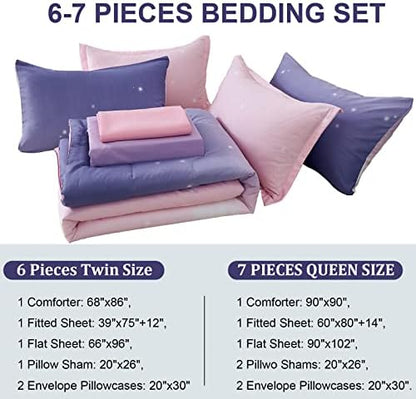 Girls Comforter Set Twin XL/Full Size Colorful Ombre Pink Purple Rainbow Bedding Set Bed in A Bag for Kid Teen Girls 7 PC (1 Comforter, 1 Flat Sheet, 1 Fitted Sheet, 2 Pillow shams, 2 Pillowcases)