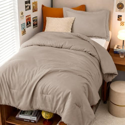 MUXHOMO Twin/Twin XL Comforter Set, All Season Ultra Soft Down Alternative Bedding - 3 Piece Lightweight Bed Set Includes 1 Comforter (68"x88") and 1 Pillow Shams (20"x26"), Dark Linen