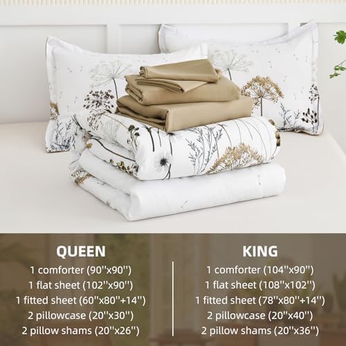 Yiran Khaki Floral Comforter Set Queen Size, 7 Piece Dandelion Botanical Plant Comforter Bedding Set, Bed in a Bag Queen, Soft Microfiber Complete Bedding Set with Sheets for All Season