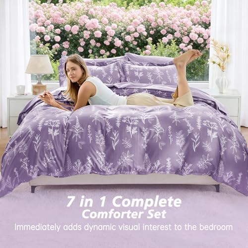 MUXHOMO Grayish Purple Bed in a Bag King 7 Pieces, King Comforter Set Reversible Botanical Flowers Design, Ultra Soft & Breathable Bedding Sets with Comforter, Sheets, Pillowcases & Shams