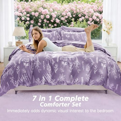 MUXHOMO Grayish Purple Bed in a Bag King 7 Pieces, King Comforter Set Reversible Botanical Flowers Design, Ultra Soft & Breathable Bedding Sets with Comforter, Sheets, Pillowcases & Shams