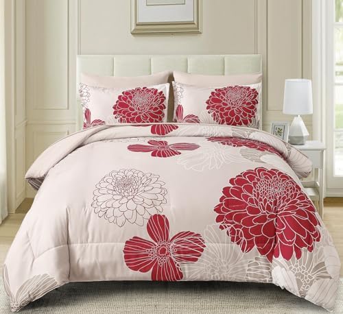 Yiran 7 Pieces Queen Comforter Set Red Floral Bed in a Bag Soft Microfiber Bedding Set 90"×90"(1 Comforter 1 Flat Sheet 1 Fitted Sheet 2 Pillowshams 2 Pillowcases)