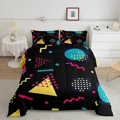 Manfei Memphis Comforter Set Queen Size, Retro 80s 90s Geometric Fashion Style Bedding Set 3pcs for Kids Boys, Triangle Circle Vintage Quilt Set Soft Polyester Duvet Set with 2 Pillowcases