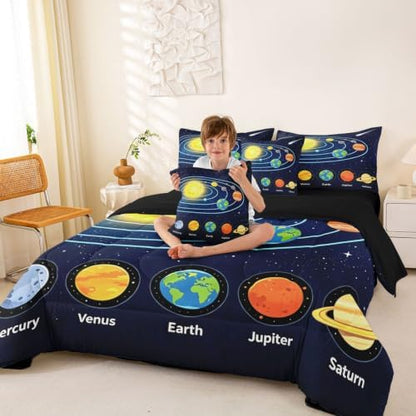 Erosebridal Solar System Full Comforter Set 7 Pieces, Galaxy Bed in A Bag, Outer Space Bedding Set with Comforters, Sheets, Pillowcases Starry Sky Universe Planets Bedroom Decor