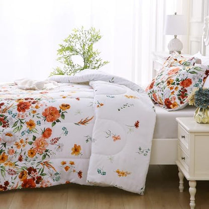 Mooreeke Floral Queen Size Comforter Sets, Vintage Red Blossoms Patterned Bed in a Bag for All Seasons, 3-Piece Farmhouse Rustic Bedding Set with Fluffy Quilted Reversible Comforter & 2 Pillow Shams